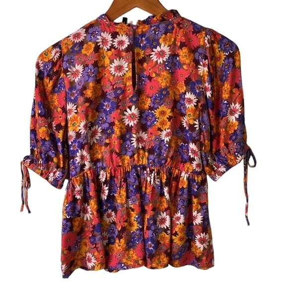 Vero Moda Multicolor Floral Peplum Smocked Top Ruffle Tie Sleeve Keyhole Back - Picture 7 of 15